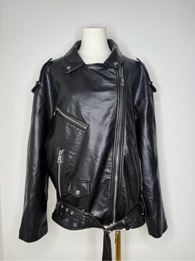 Zara Black Leather Motorcycle Jacket with Zip Details